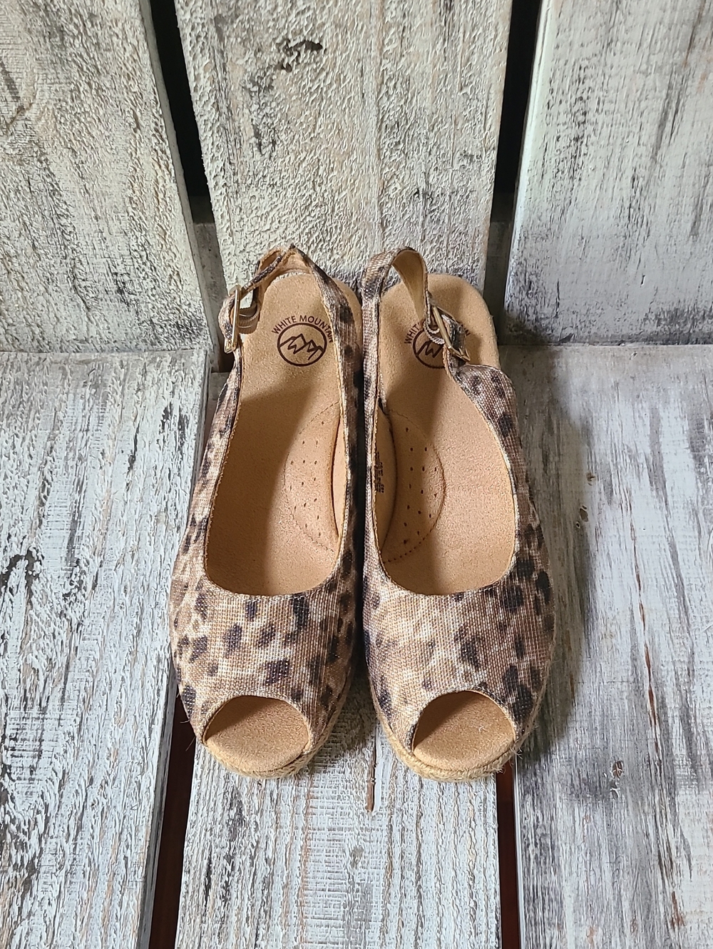 White Mountain Leopard-Print Peep Toe Slingback Wedges - Brown